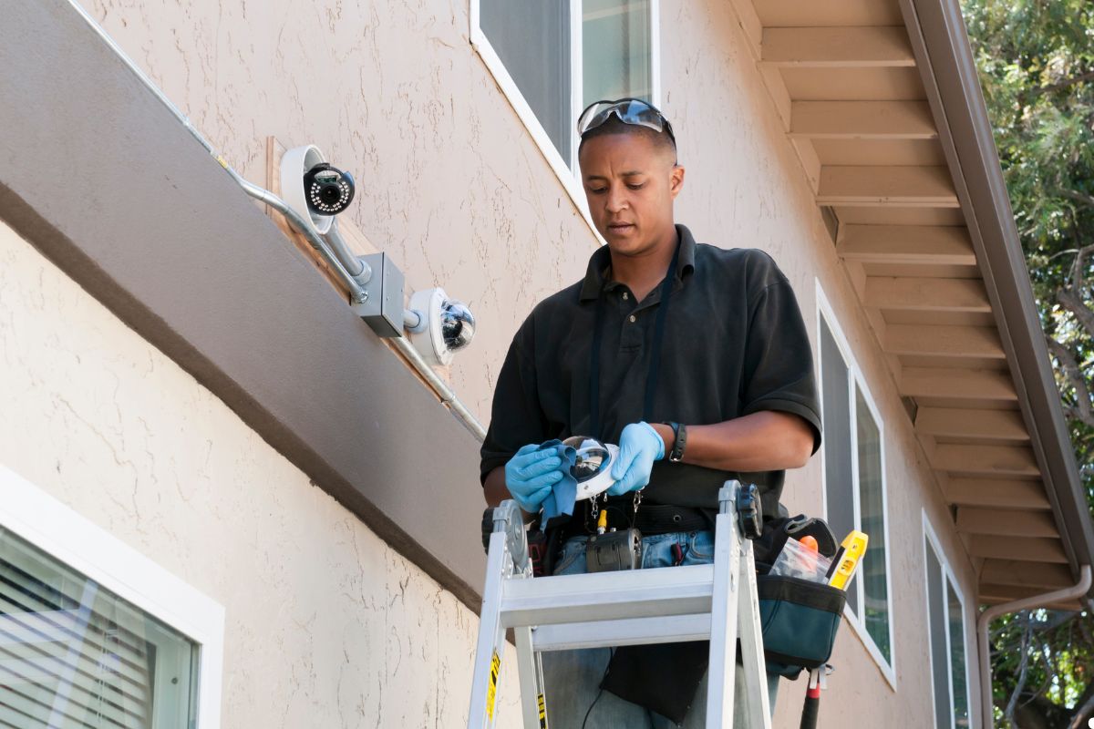  A man on a ladder adjusting a security camera mounted on a wall.
