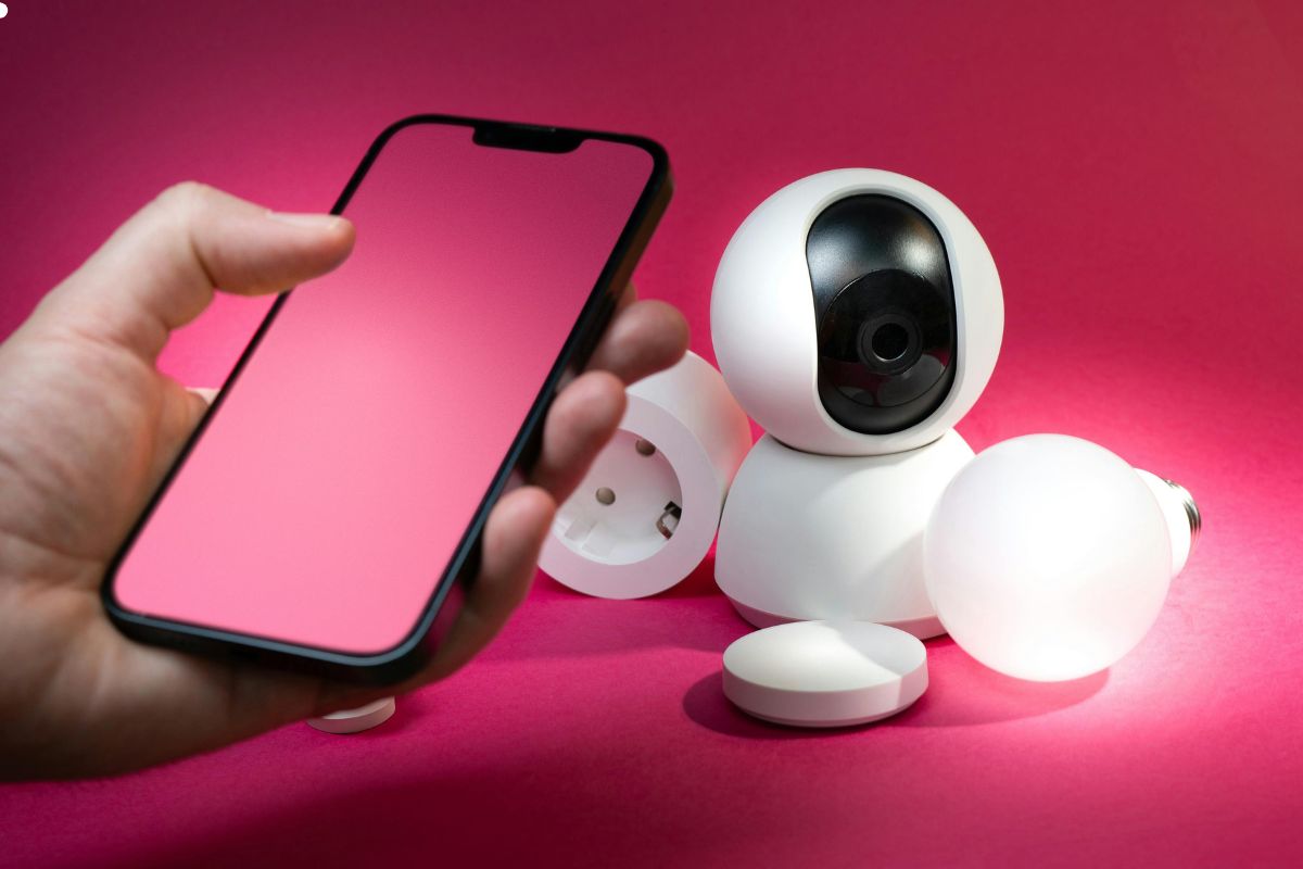 A smart home security camera displayed with a smartphone and smart plugs, illustrating advanced home security solutions. 